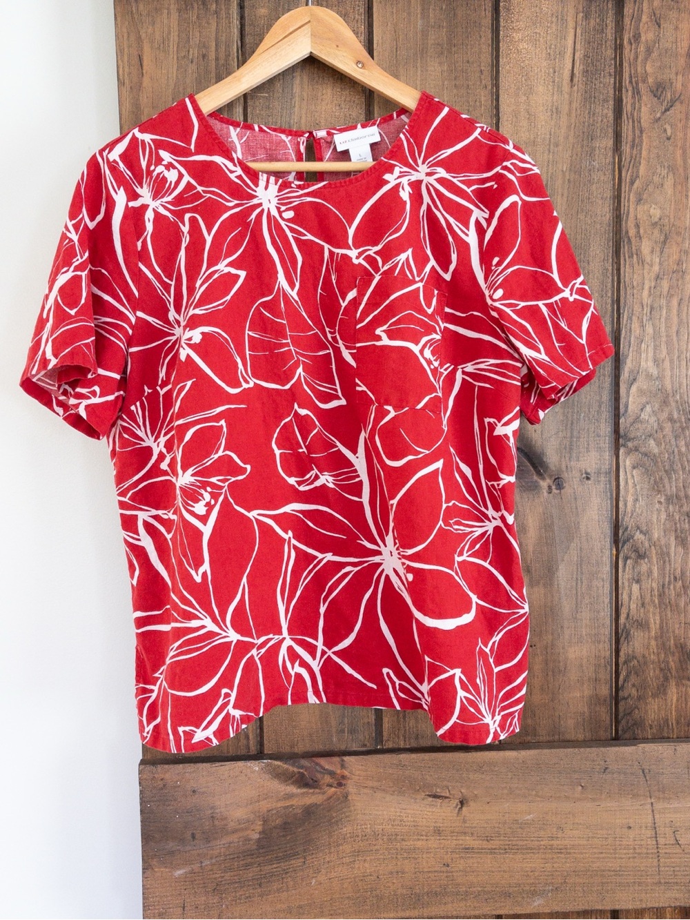 Liz Claiborne Red & White Floral Pocket Tee Linen Blend Coastal Lagenlook Large